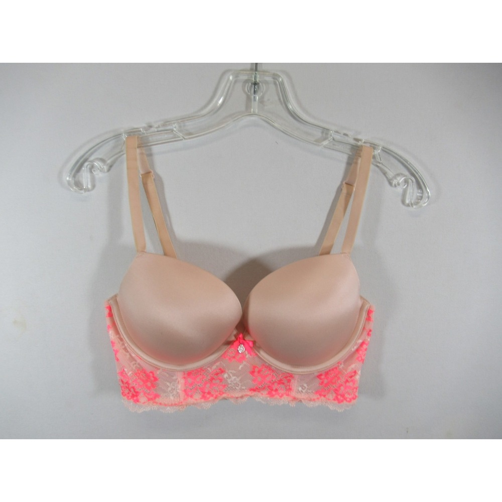 Victoria's Secret Longline Push Up Bra 34D Peach Underwire Padded Satin Lace